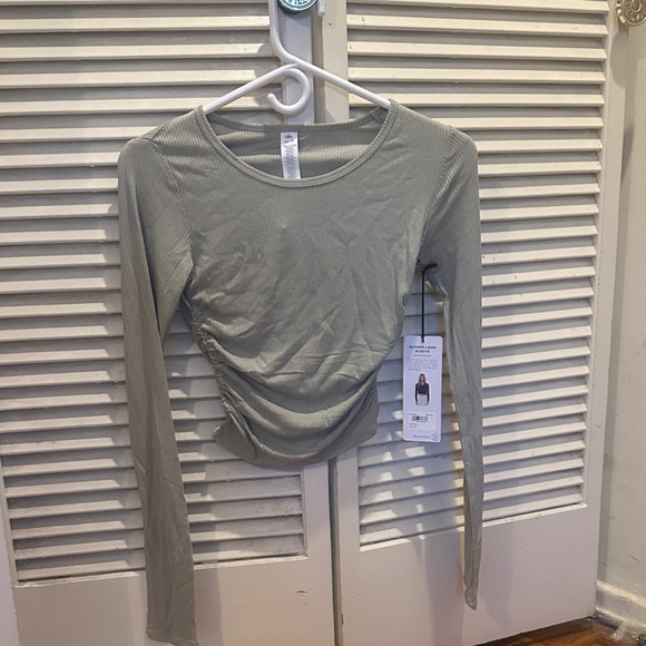 ALO Yoga Ribbed Gather Long Sleeve Blouse - Limestone - Picture 2 of 6